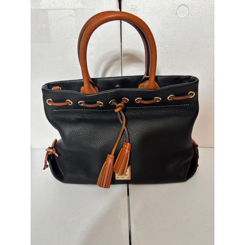 Dooney & Bourke Black Pebble Leather Drawstring Satchel Handbag‎ Tan Trim